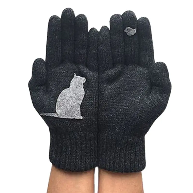 

Women Winter Faux Wool Thick Warm Knit Gloves Cartoon Cat Bird Patchwork Mittens Premium Quality