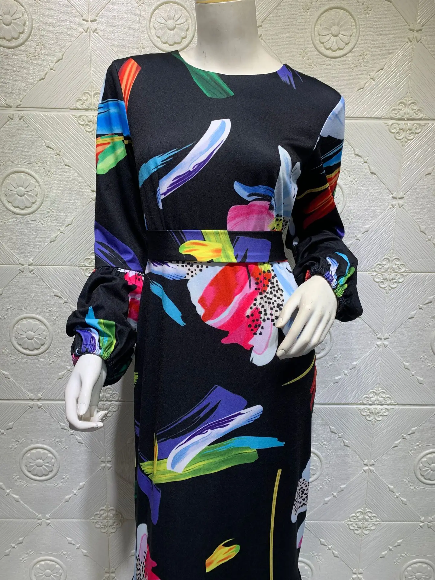 Mandylandy Flora Cetak Maxi Gaun Pinggang Tinggi Abaya Wanita Baju Muslim Timur Tengah Malaysia Indonesia Abaya Jubah Lengan Panjang