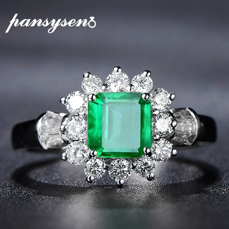 PANSYSEN New Arrival Vintage 925 Sterling Silver Jewelry Ring Natural Emerald Gemstone Diamond Rings for Women Size 5-12