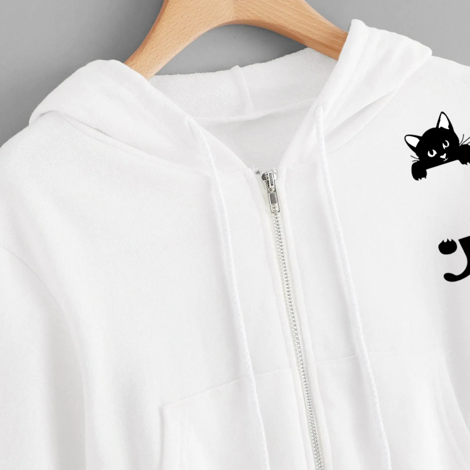 

Women Casual Solid Cat Print Long Sleeve Zipper Pocket Shirt Hooded Sweatshirt Top Female Hoodies Streetwear #G