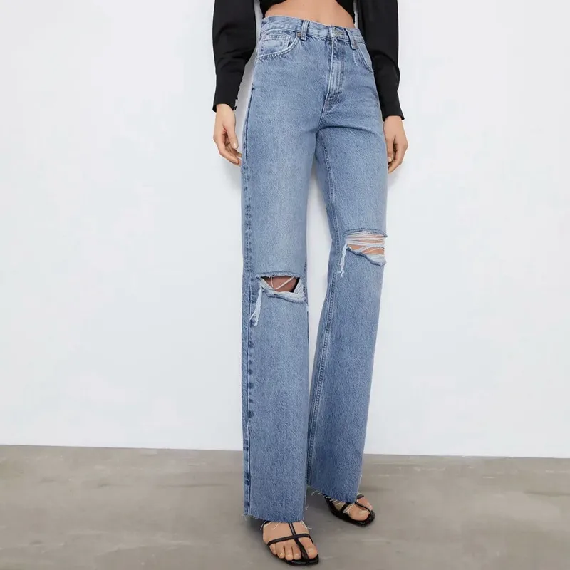 

2021 Fashion Women Hollow Ripped Blue Denim Jeans Pants Trousers High Waist Lady Pants Pantalon