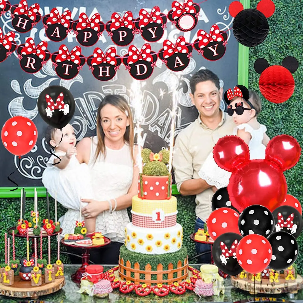 Черно-красный воздушный шар в виде Минни украшение на день рождения баннер уши