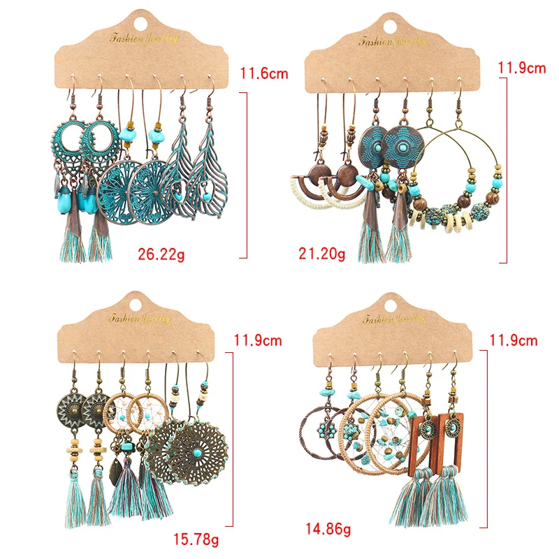 

Vintage Geometry Dreamcatcher Bronze Earrings Set for Woman Bohemia Big Round Tassel Wood Bead Dangle Earrings jewelry