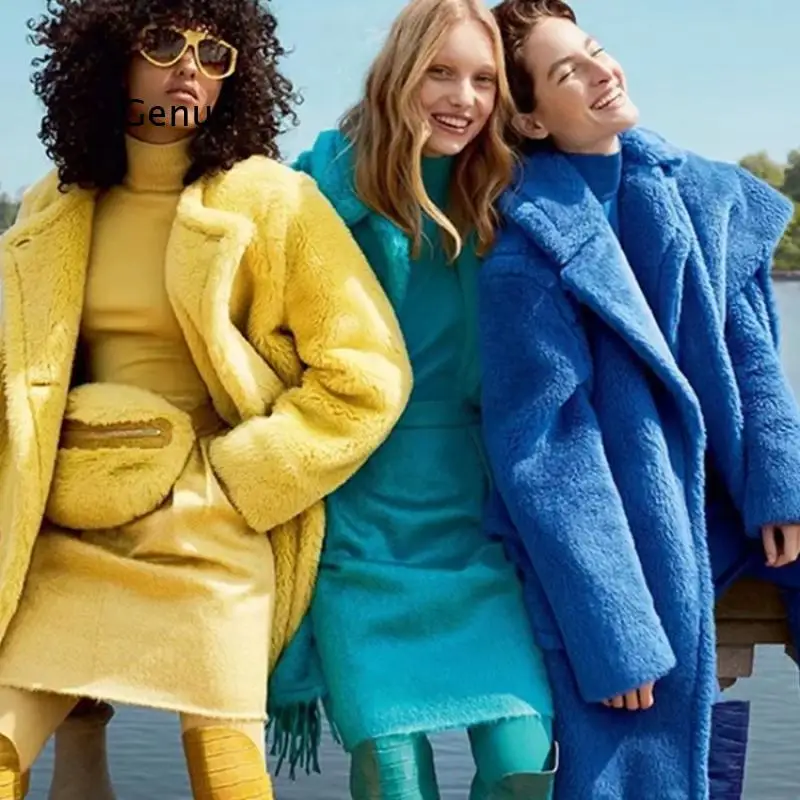 

European Style Mid-Long Lambswool Fur Jackets Outerwear Big Lapel Solid Color All-Matched Warm Women Coat Oversize