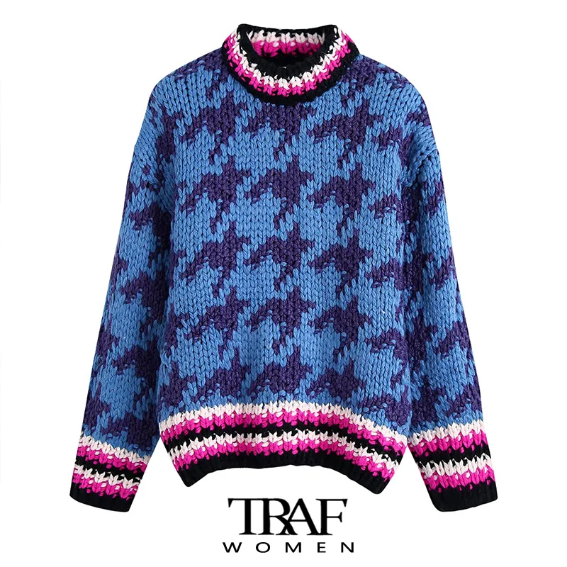 

TRAF Women Fashion Loose Jacquard Knitted Sweater Vintage O Neck Long Sleeve Female Pullovers Chic Tops