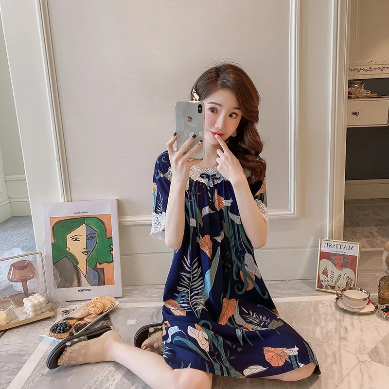 

Lady Flower Cotton Nightwear Cute Printing Women Sleepwear Short Home Dressing Gown Intimate Lingerie Soft Lave Nightdress