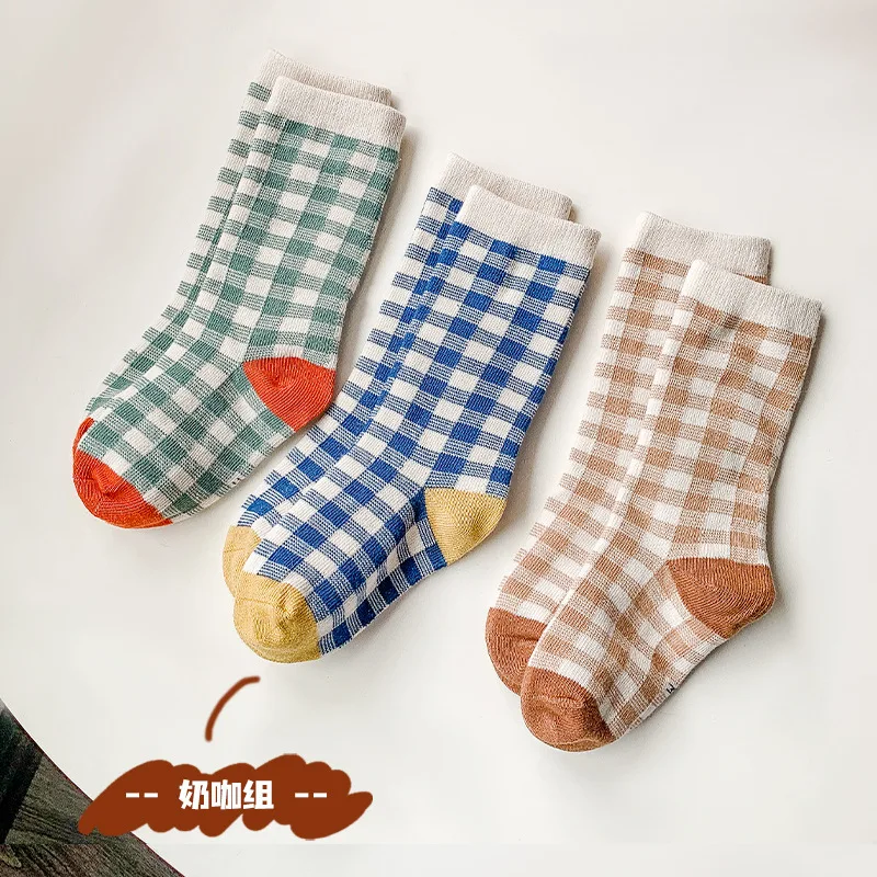 3 Pairs/Lot Cotton Children Plaid Socks Autumn Winter Kids Fashion Diamond Grid Tube Socks Baby Boys Girls Soft Checkered Socks