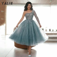yalin grey blue one shoulder short arabic prom dress for women dubai luxury engagement party dresses sparkly graduation gown