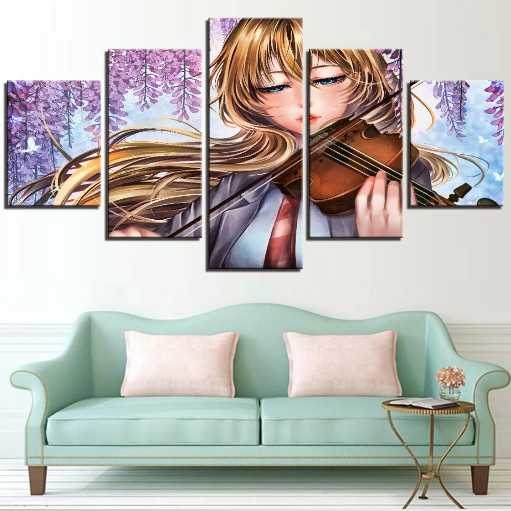 

5 Pieces Shigatsu Wa Kimi No Uso Cartoon Modular Your Lie Is in April Girl with Violin Music Posters Home Room Decor Framework