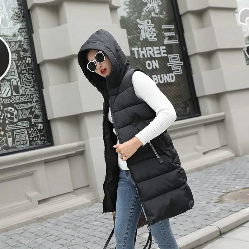 

Female Waistcoat New Women's Down Vest 2021 Winter Women Ultralight Sleeveless Hooded Warm Long Down Jacket Cotton Padded Coat