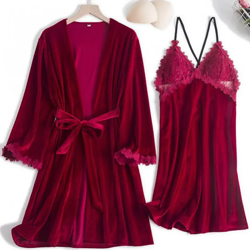 

Sexy Robe Set For Women Velvet 2PCS Sleepwear Lace Trim Kimono Bathrobe Gown Nightgown Loose Intimate Lingerie Home Clothes