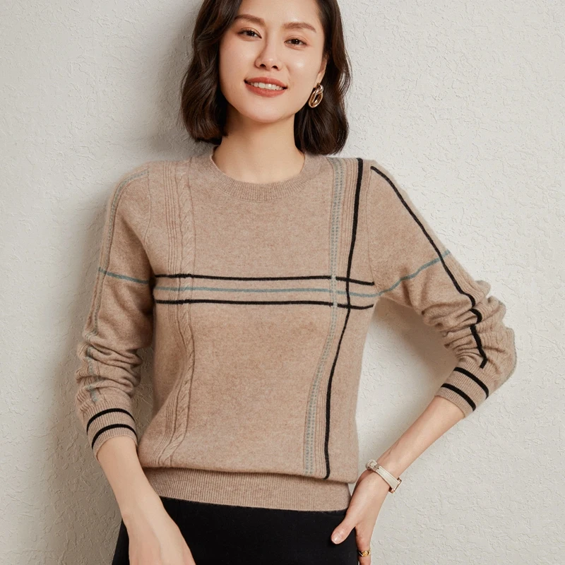 Autumn And Winter New High-End Cashmere Ladies Round Neck Loose Long-Sleeved Color Matching Western-Style Wool Knit Base Sweater