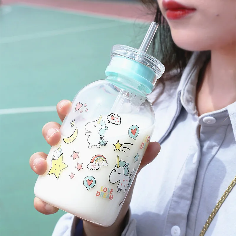 

Water Bottle with Straw Glass Bottle Drinkware Cute Water Bottle Milk Cartoon Water Bottle Cute Water Bottle for Girl My Bottle