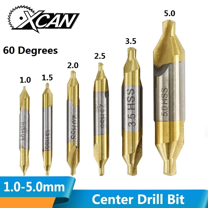 XCAN 6 шт 1,0-5,0mm HSS-TIN Покрытием центровочное сверло набор Металлообработка отверстие резак для сверления отверстий 60 градусов комбинированный набор сверл