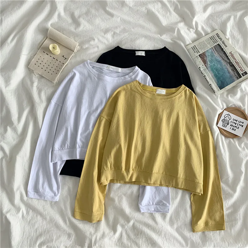 Early Autumn New Korean Style Simple Solid Cotton Short Sweetshirts Loose Casual O-neck Thin Tops Plus Size Women Clothing 11771