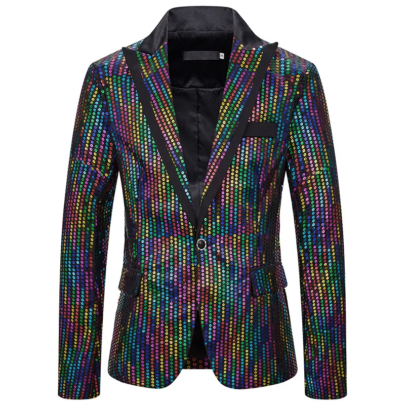

Colorful Rainbow Glitter Sequin Blazer Jacket Men One Button Peak Lapel Slim Mens Blazers Party Stage Prom Clothes for Singers