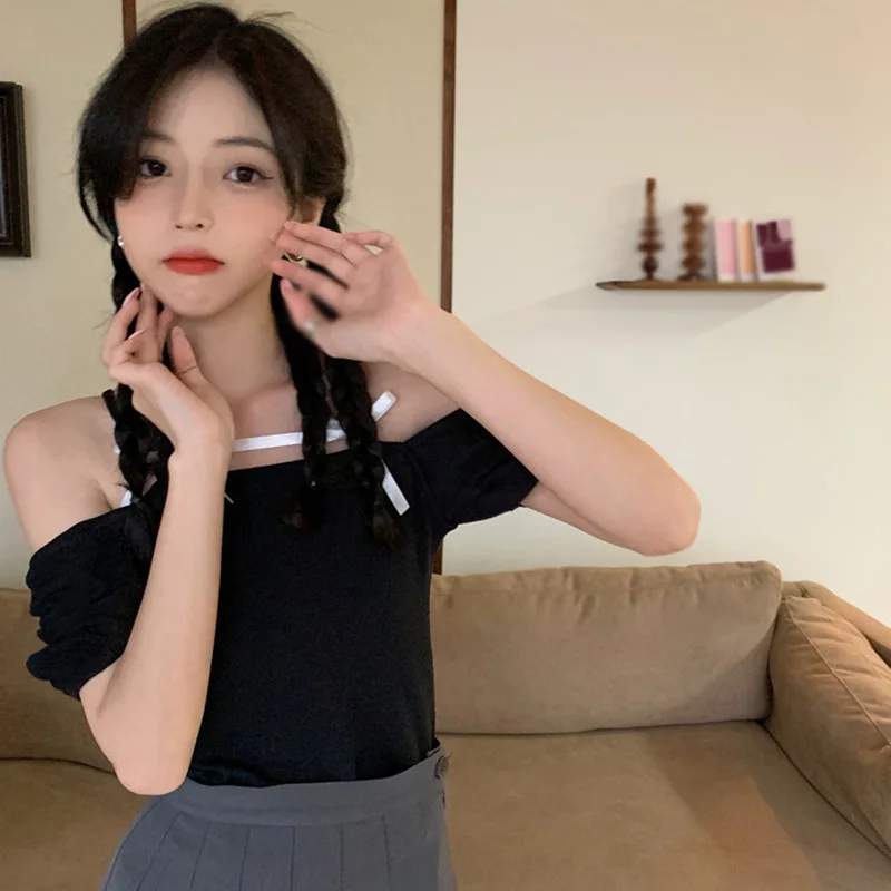 

Sweet Puff-sleeved T-shirt Women Summer Korean Style Square Neck Bow Design Short-sleeved Tops Short Tees