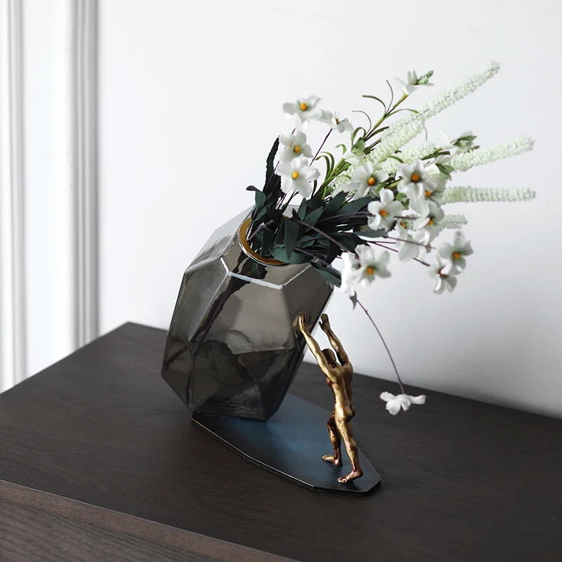 

Home Decor Accessories Strong Man Push Geometric Glass Vase Figurine Living Room Ornament Objects Office Gold Metal Statue Gifts