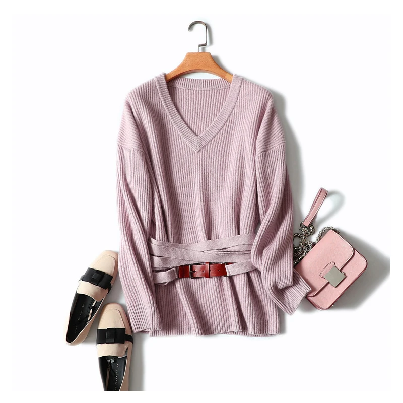 

chunky ribbed knit europe fashion oversized 100% cashmere v neck sweater with belt women's winter thick warm knitwear chic tops
