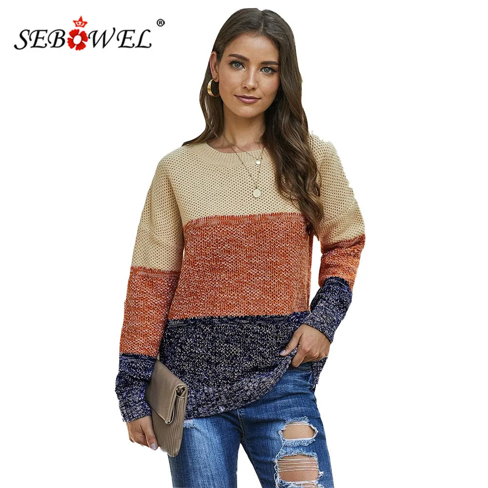 

Осенне-зимние повседневные трикотажные пуловеры SEBOWEL с цветными блоками, вязаные пуловеры, свитер для женщин с длинным рукавом, серые/корич...