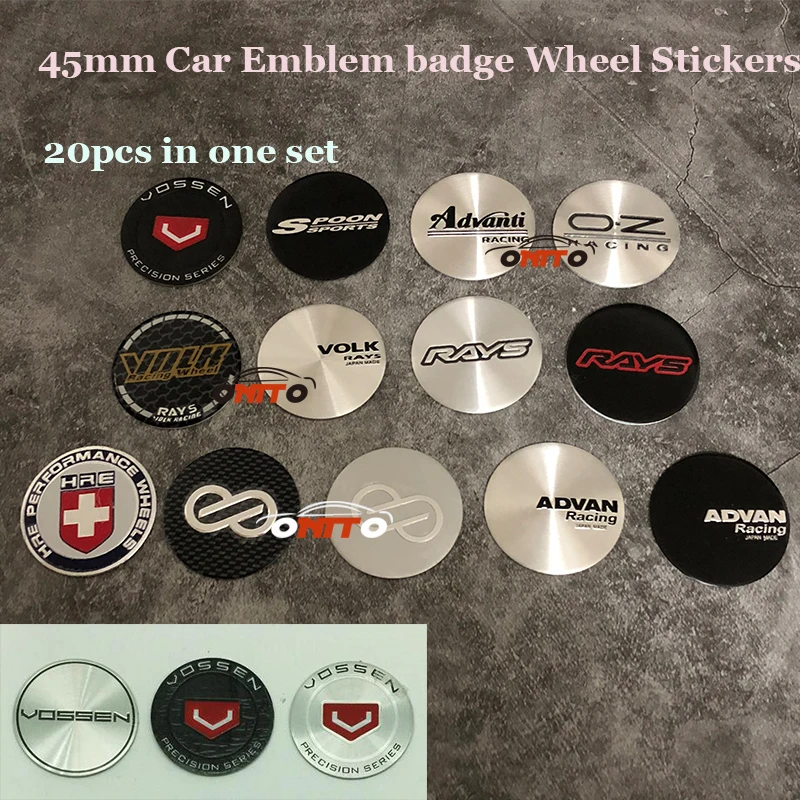 

20PCS/LOT 45mm Car emblem Logo badge Wheel hub Sticker For Vossen O.Z Racing Volk Rays Advan HRE Rims Wheels Stickers 45mm