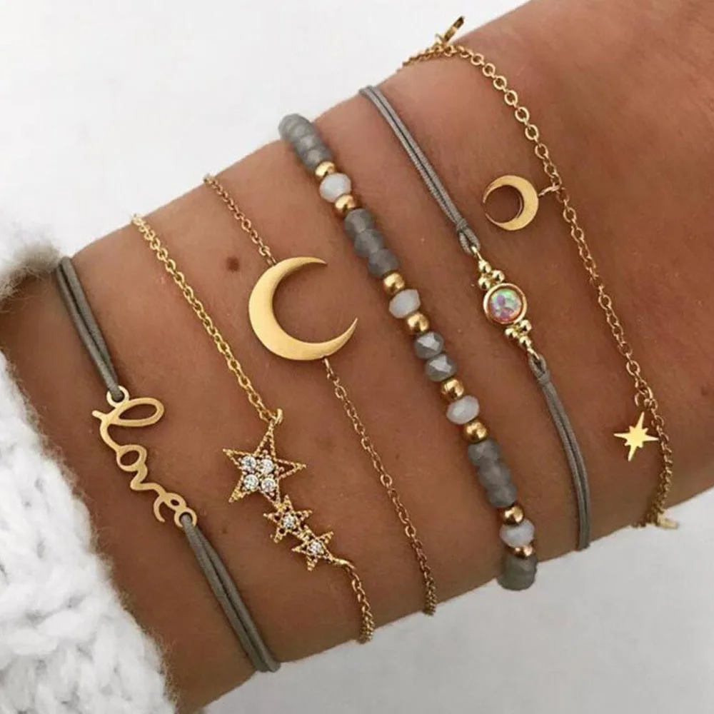 

6 Pcs/Set Punk Gold Crystal Chain Bracelet Female Bohemian Geometric Chain Buckle Bracelet Set Jewelry Girl Party Gift Charm
