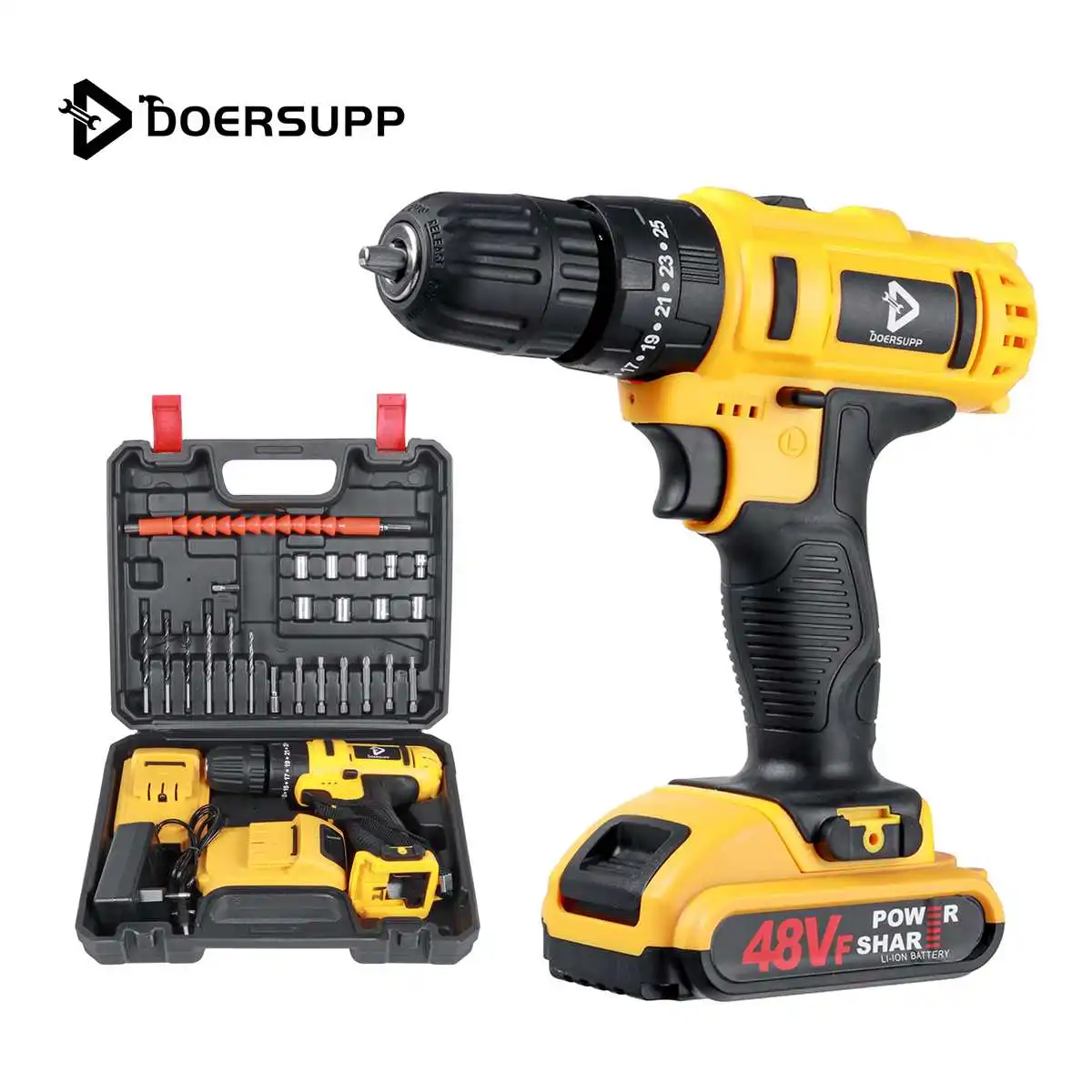 

DOERSUPP 21V Electric Impact Drill Cordless Screwdriver Power Tools for Drilling Steel Wood Ceramic with 2 Battery Drill Bit Set