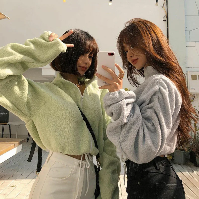 

Lamb Plush Turtleneck Sweatshirt Women Winter 2020 New Loose Zipper Plus Velvet Thicken Hoodie Sweatshirts Vintage