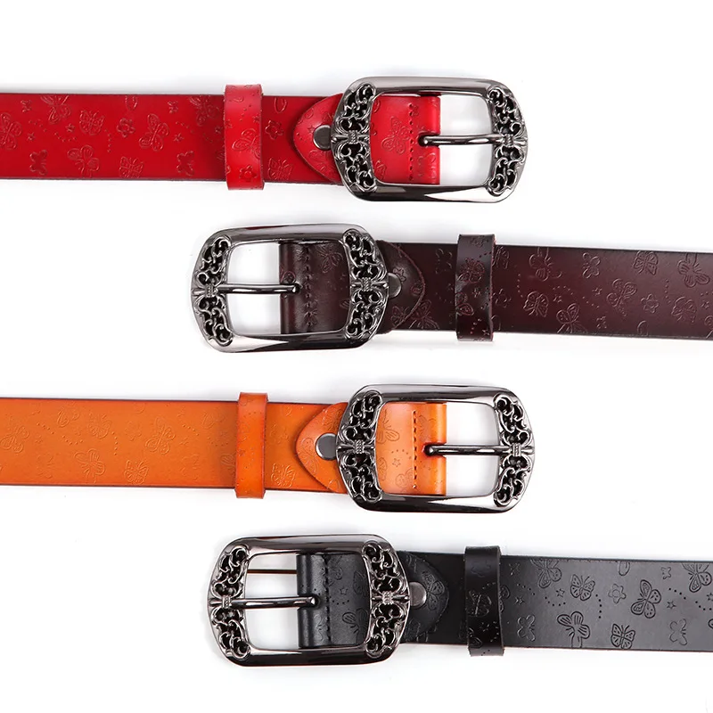 

Retro Belt For Women Waistband Casual Leather Lady Belt Vintage Pin Buckle Hollow Fashion Woman Jeans Girdle Flower Pattern