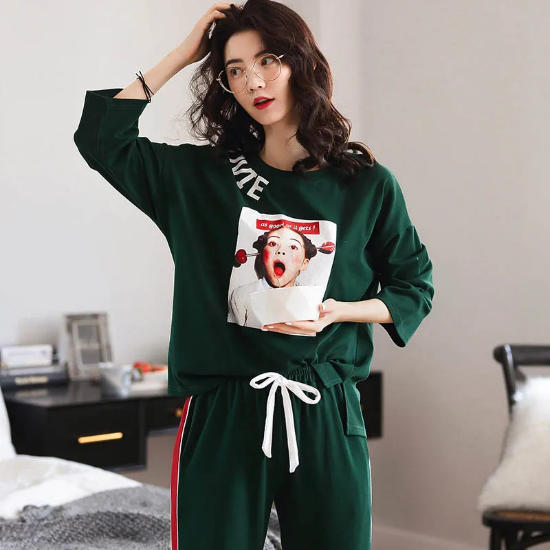 Женские пижамы новые хлопковые с принтом 2 шт. длинные рукава и брюки свободные