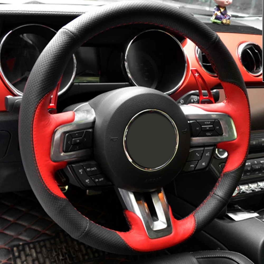 DIY Car Steering Wheel Cover Anti-slip Black Genuine Leather Suede For Ford Mustang 2015-2019 / Mustang GT 2015-2019