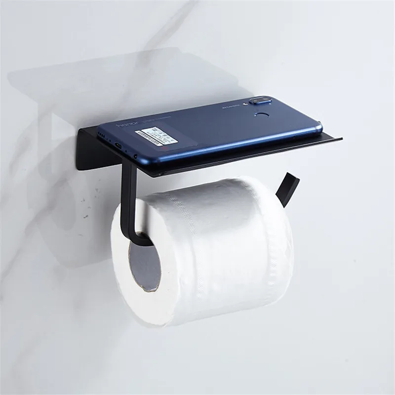 

Bathroom Paper Holder Tissue Rack Holder 304 stainless steel Toilet Paper Rack with Phone Shelf Hardware Storage holder Black
