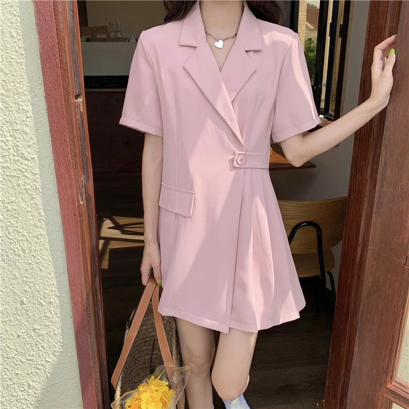 

Summer 2021 Elegant Mini Dress Women French Designer Pink One-piece Dress Suits Sashes V-neck Blue Korean Fashion Chic Clothing