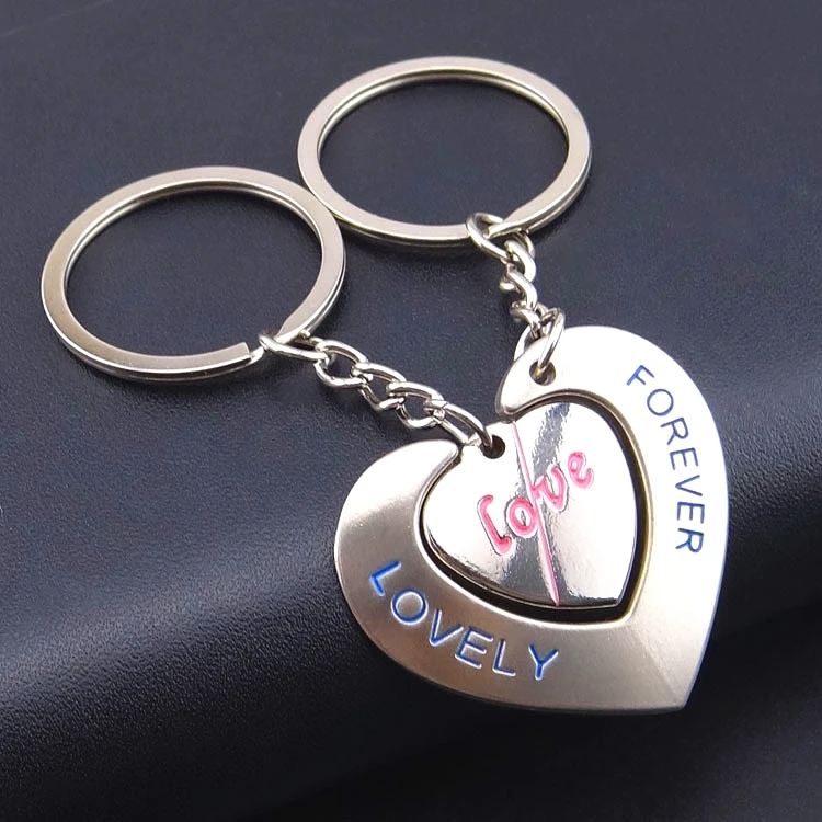 

FREE SHIPPING BY DHL 200pairs/lot Wholesale Zinc Alloy Two Hearts Couple Keychains Novelty Heart Keyrings for Lovers