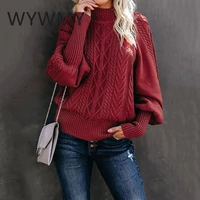 wywmy winter middle neck knitted sweater for women 2021 fashion lantern sleeve loose pullover sweater femme solid elegant top