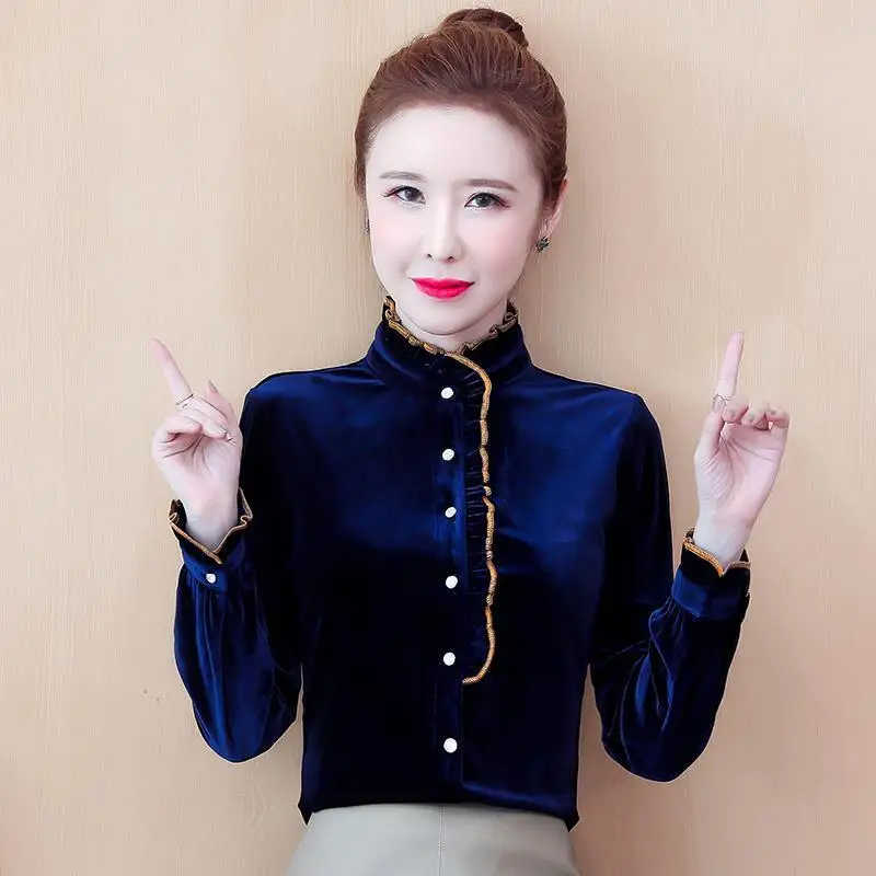 

Shirt women's long-sleeved 2021 spring and autumn fashion new Korean style temperament blouse stand-up collar shirt