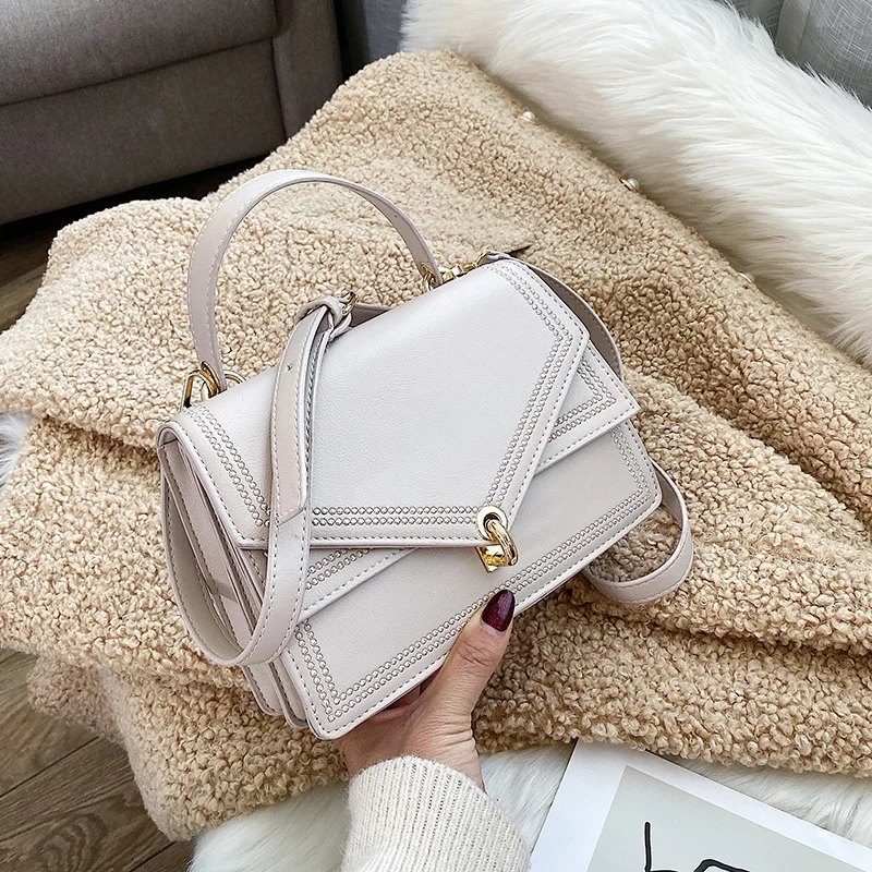 Beige Элегантная женская одноцветная Сумка-тоут, модная новая качественная женская дизайнерская сумка из искусственной кожи, сумка через плечо с замком - Цвет: Beige