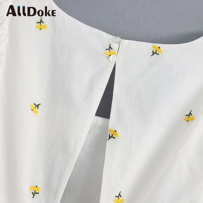 

ALLDOKE white floral embroidery women blouse summer square collar lantern sleeve crop tops shirt ladies sexy backless blouses