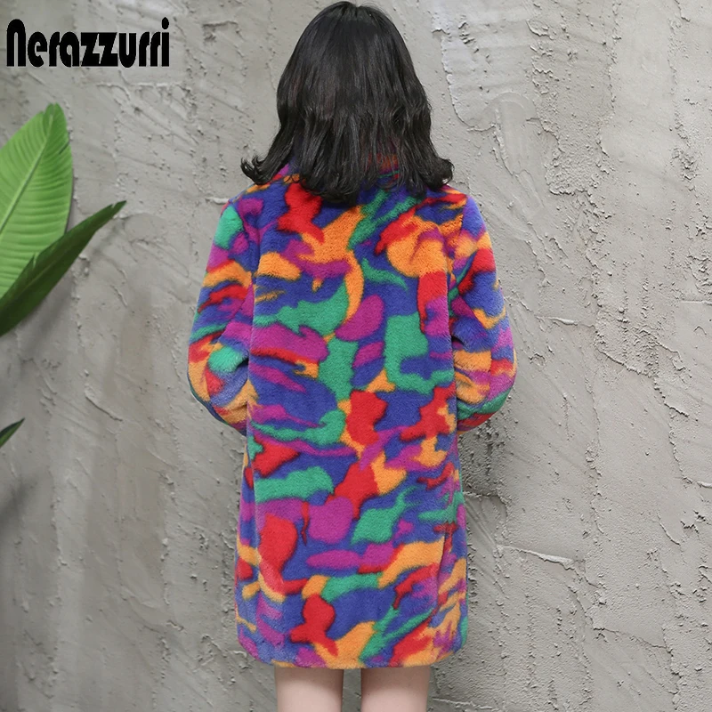Nerazzurri multi color fluffy faux fur coat notch lapel long sleeve colorful warm soft plus size winter women faux fur jacket