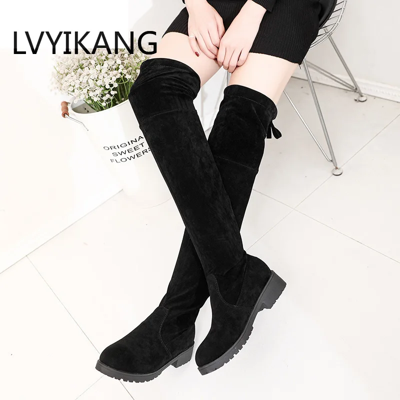LVYIKANG/ г., большие размеры 34-41, модные женские зимние сапоги до бедра однотонные женские ботфорты из искусственной замши на высоком каблуке