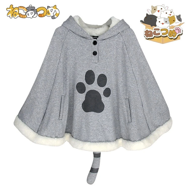 Харадзюку Неко атсуме Косплей Плащ Зима Милый Кот толстовки пальто повседневный