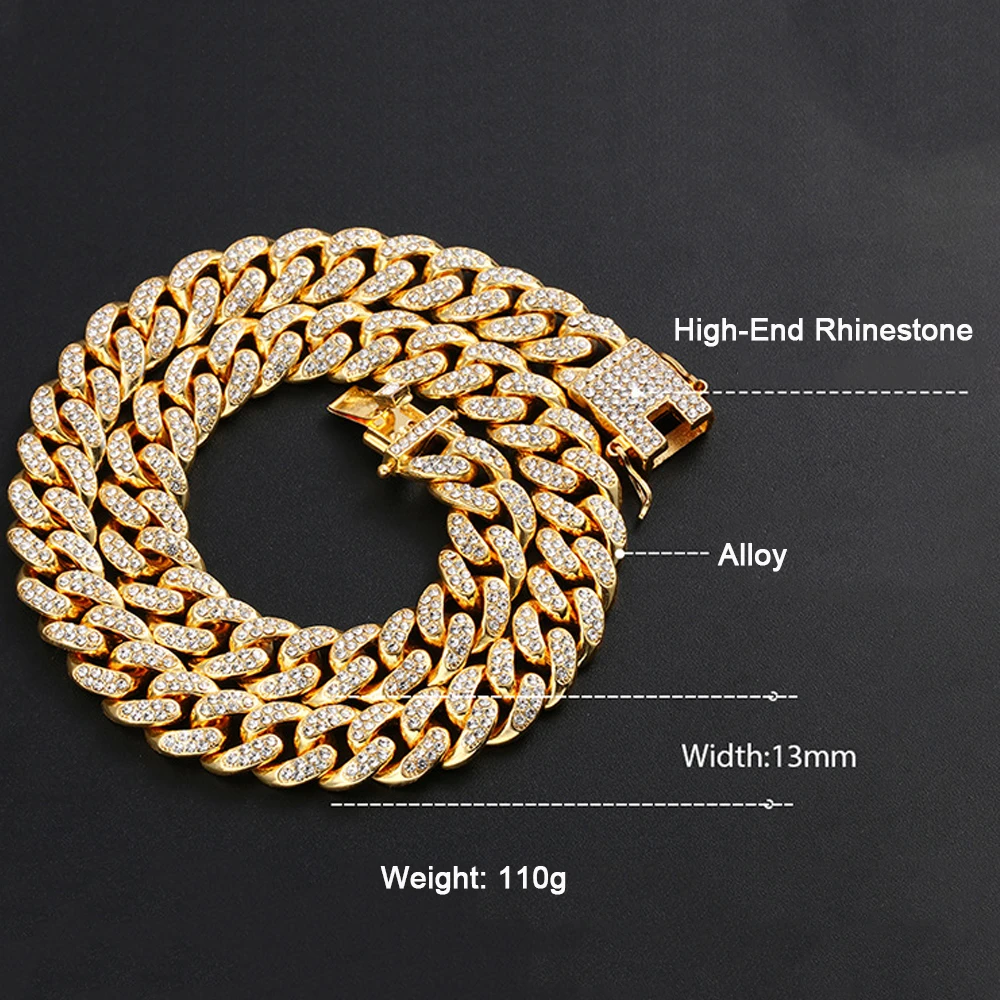 

13mm Hip Hop High-Quality Iced Out Necklace For Men Bling Miami Cuban Link Chain Necklaces Goth Jewelry Free Shipping