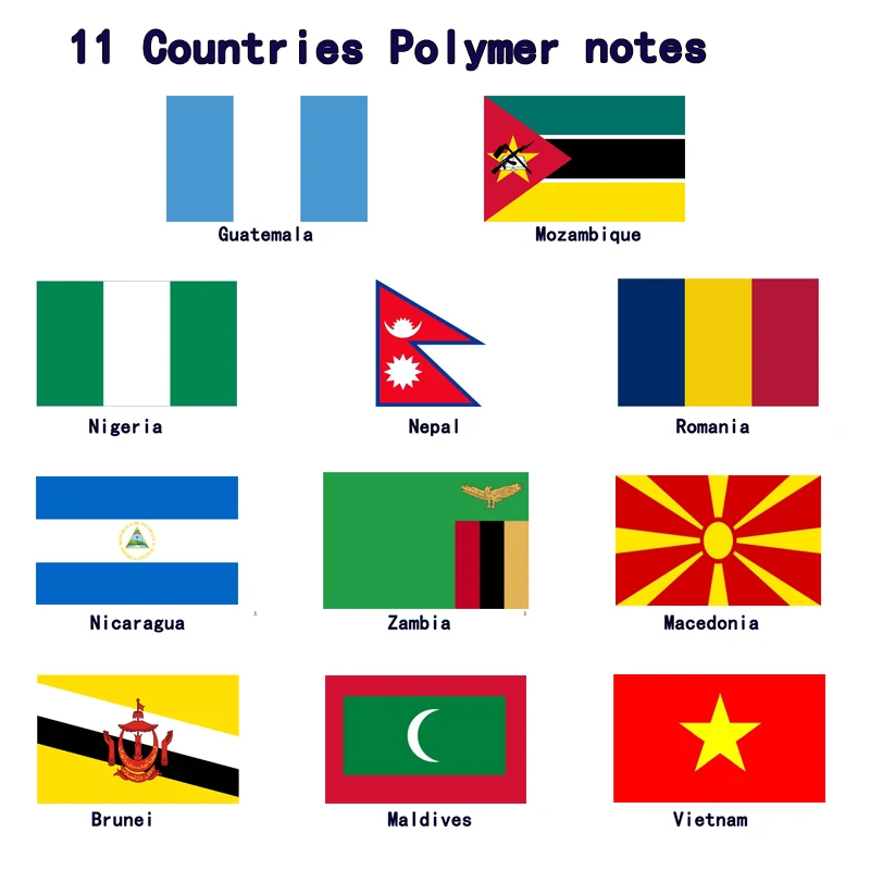 Набор из 11 полимерных заметок разных стран оригинальная полимерная заметка