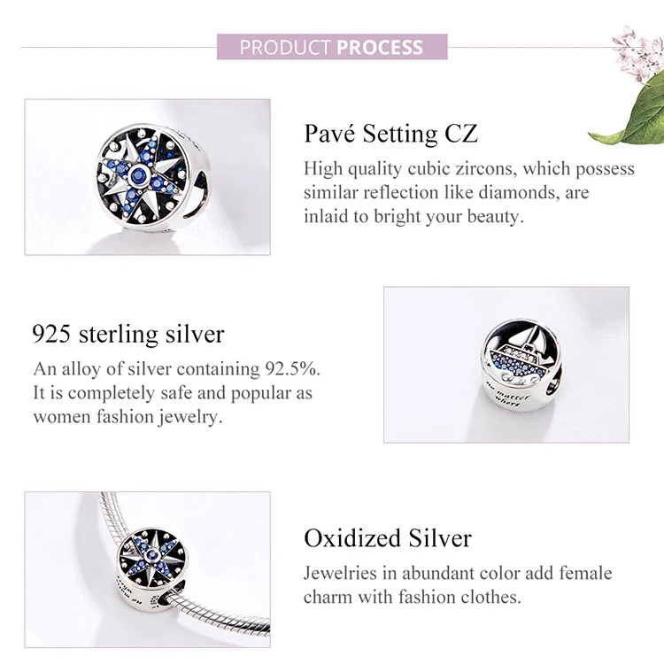 

Compass Round Metal Charm Beads for Women Bracelet Bangle 925 Sterling Silver Zirconia Ship Bijoux