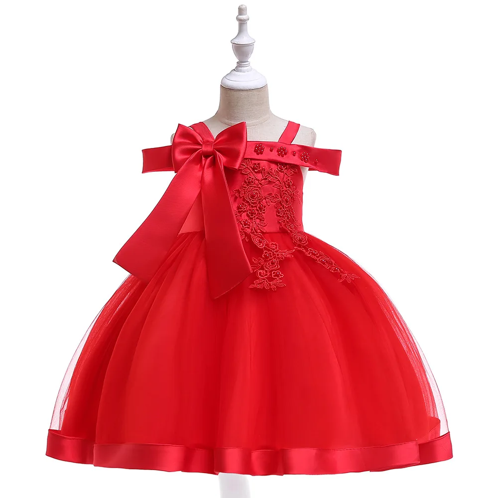

Fashion Summer Kids Flower Girl Dresses Children Off Shoulder Elegant Wedding Girls Dress with Big Bow Girls Party Mesh Dress