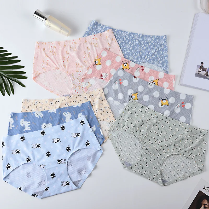 

28-color New Net Yarn Girl Sweet Ice Silk Breathable Seamless Printing Mid-low-waist Briefs Cartoon Rabbit Butterfly Flower Star