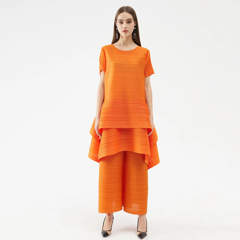 

2021 Miyake Pleated Summer New Aesthetic Two Piece Set Women belt dress Loose Harem Pant High Fashion Designer Plus size Clothes