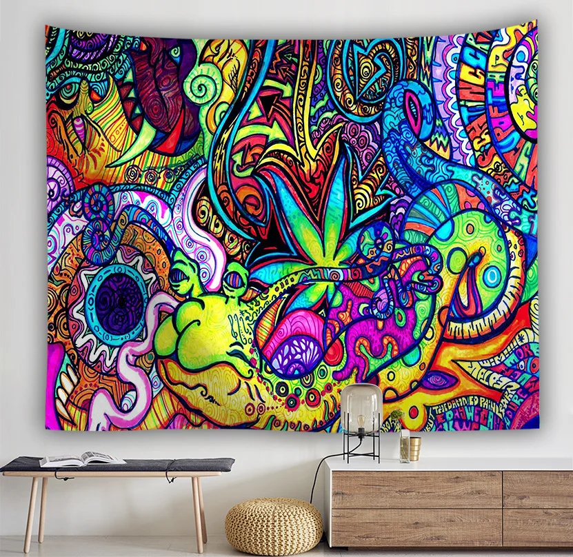 Психоделический настенный гобелен подвесной Большой Домик в виде грибов хиппи