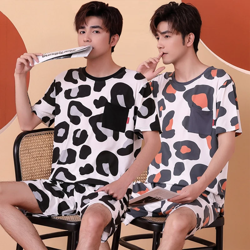 

2021 Summer Cotton Leopard Print Short Sleeve Pajama Sets for Men Korean Shorts Sleepwear Suit Pyjama Male Homewear Home Clothes