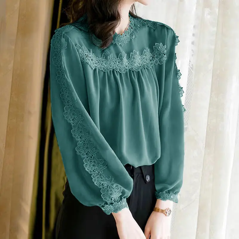 

Lace Chiffon Shirt Women's Nine-sleeve Autumn 2021 New Loose Bottoming T-shirt Plus Size 4XL Top Blusas Mujer De Moda